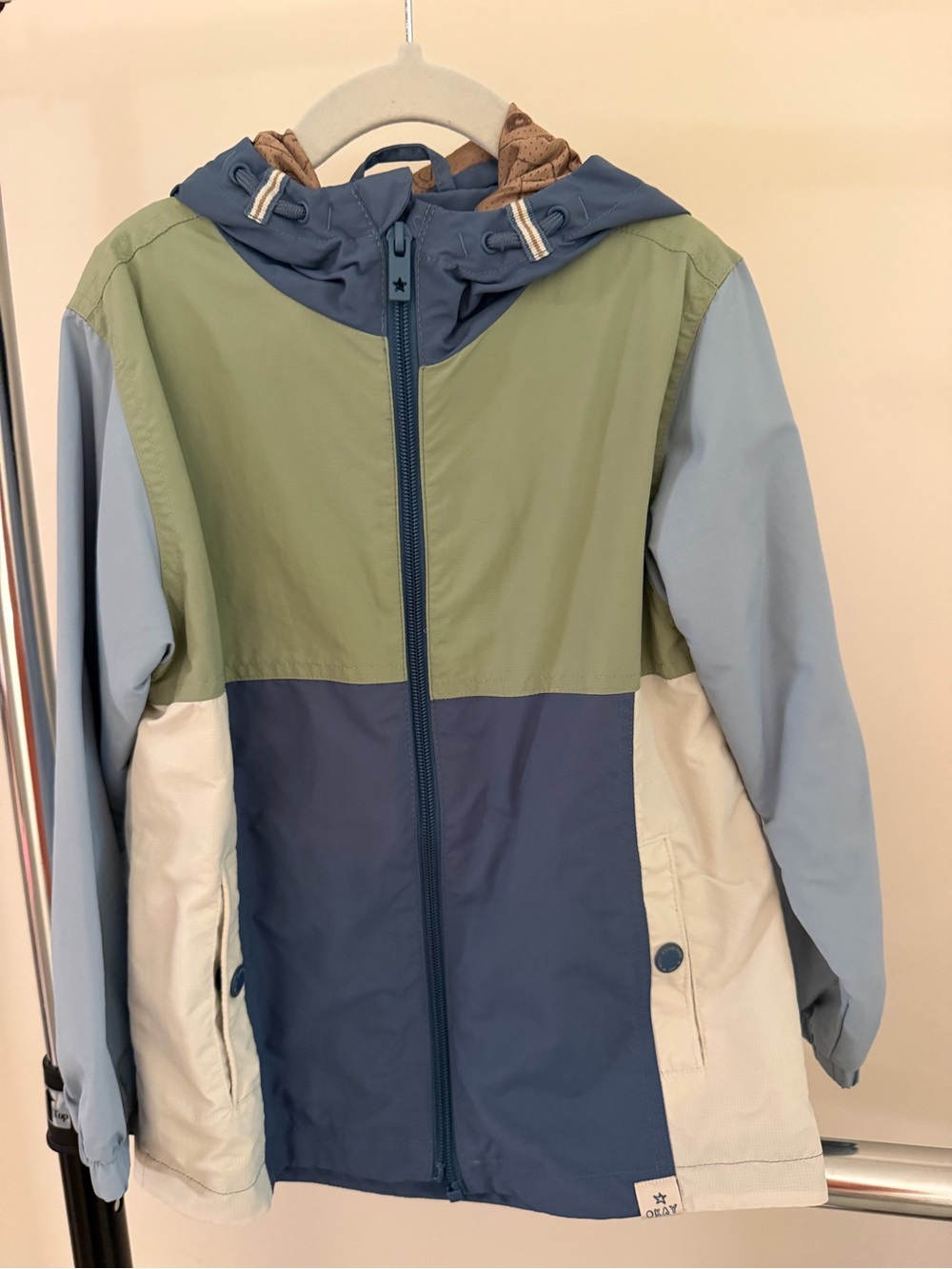 Kids Colorblock Hooded Rain Jacket - Blue/Green/Cream